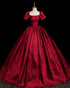 Wine Red Satin Short Sleeves Long Evening Dress, Wine Red Satin Prom Dress Party Dress